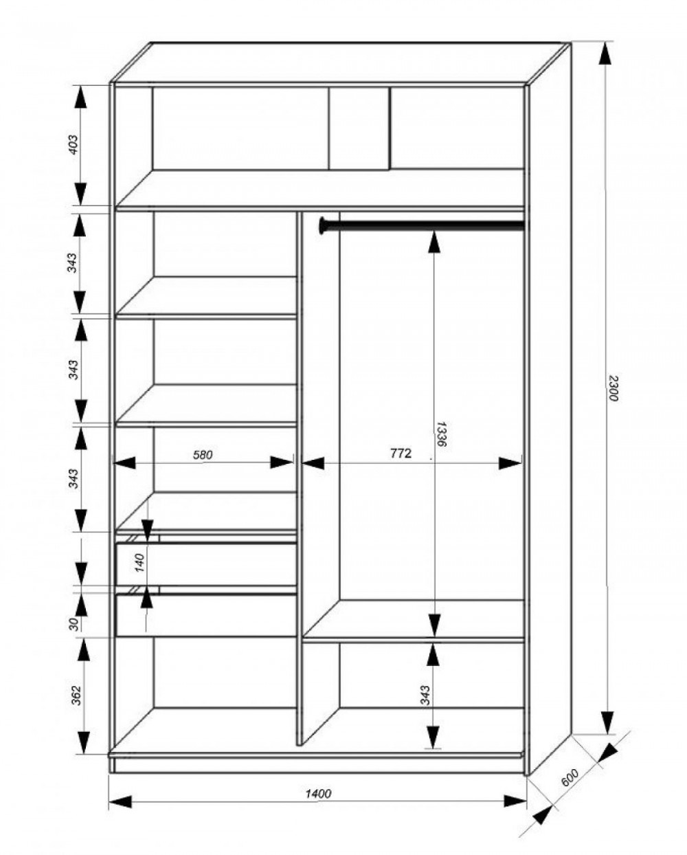 Купить Шкаф-купе 1400 серии SOFT D6+D4+B2+PL2 (2 ящика+1штанга+1 полка)  профиль «Капучино» | ОК-МЕБЕЛЬ в Миассе