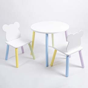Комплект детский стол КРУГЛЫЙ и два стула МИШКА ROLTI Baby (белая столешница/белое сиденье/цветные ножки) в Миассе - miass.ok-mebel.com | фото