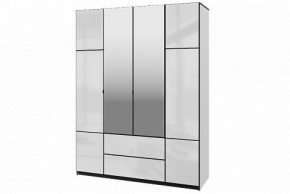 Шкаф 4-х дверный Палермо 02 с ящиками и зеркалом Белый гладкий шелк/Черный гладкий шелк в Миассе - miass.ok-mebel.com | фото